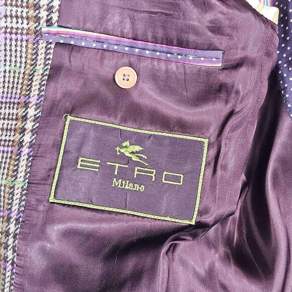 Etro Italy Mens Wool Blend Plaid Sport Coat Size 52 Brown, Purple, Black - Picture 8 of 14